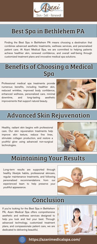 Looking for the best spa in Bethlehem, PA? Azani Medical Spa offers premium aesthetic and wellness treatments tailored to your unique needs. Our experienced team provides personalized skincare, anti-aging services, body contouring, and rejuvenating therapies in a relaxing environment. Experience exceptional care, natural-looking results, and renewed confidence at Azani Medical Spa today! https://azanimedicalspa.com/