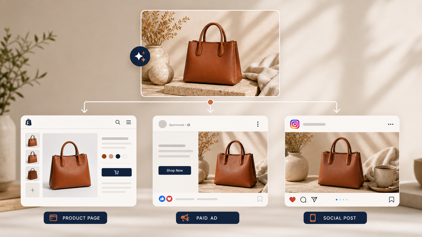 Product photo reused across product page ad and social post