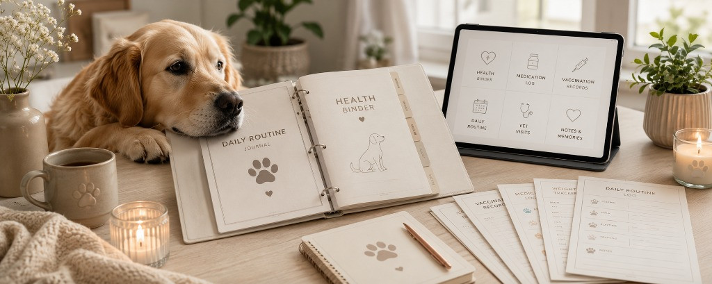 Dog Resting on Health Binder and Digital Tracker