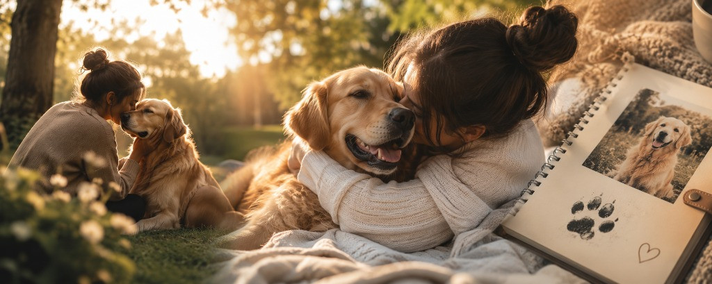 Family Hugging Dog in Park