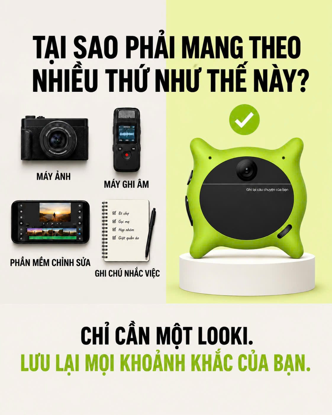 Looki L1 đang được sạc, minh họa cho thời lượng pin của thiết bị