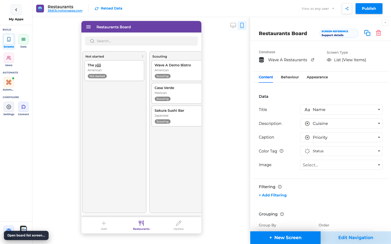 Builder Board preview with Status columns