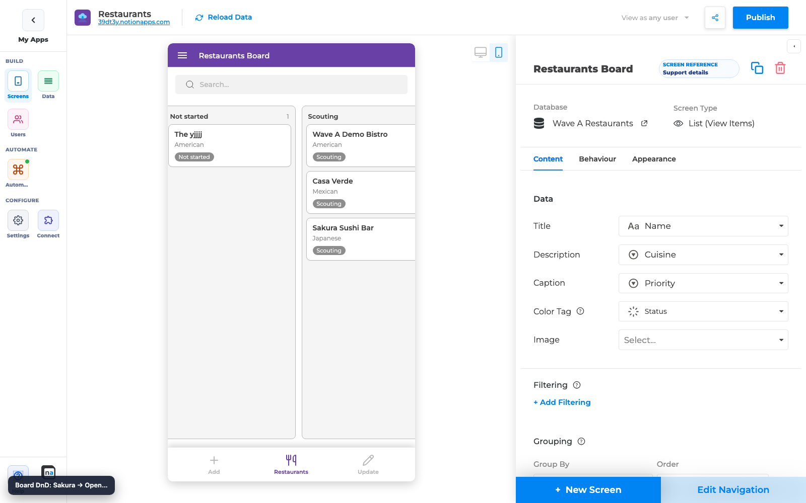 Board drag in builder preview