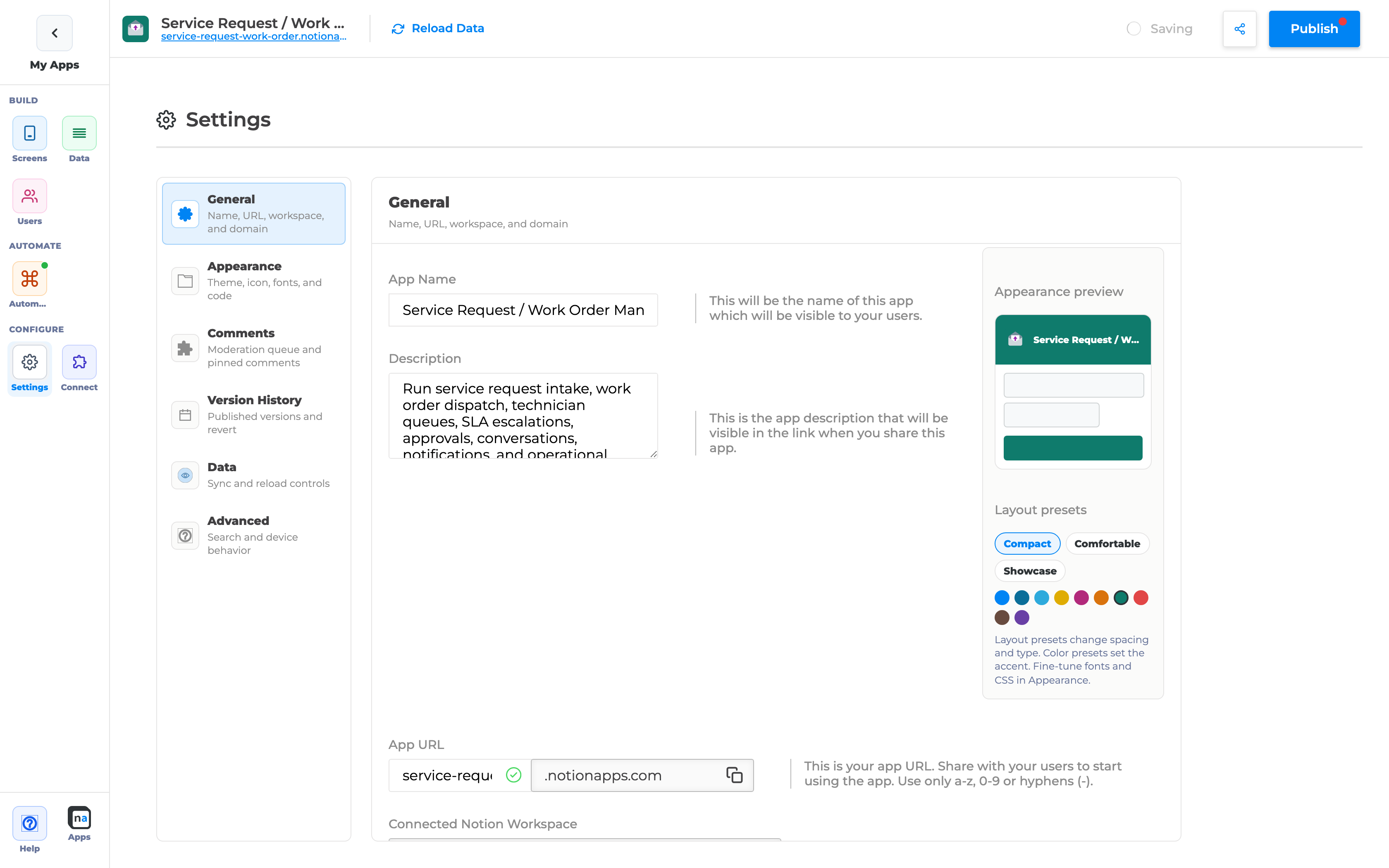 Compact layout preset selected with live appearance preview