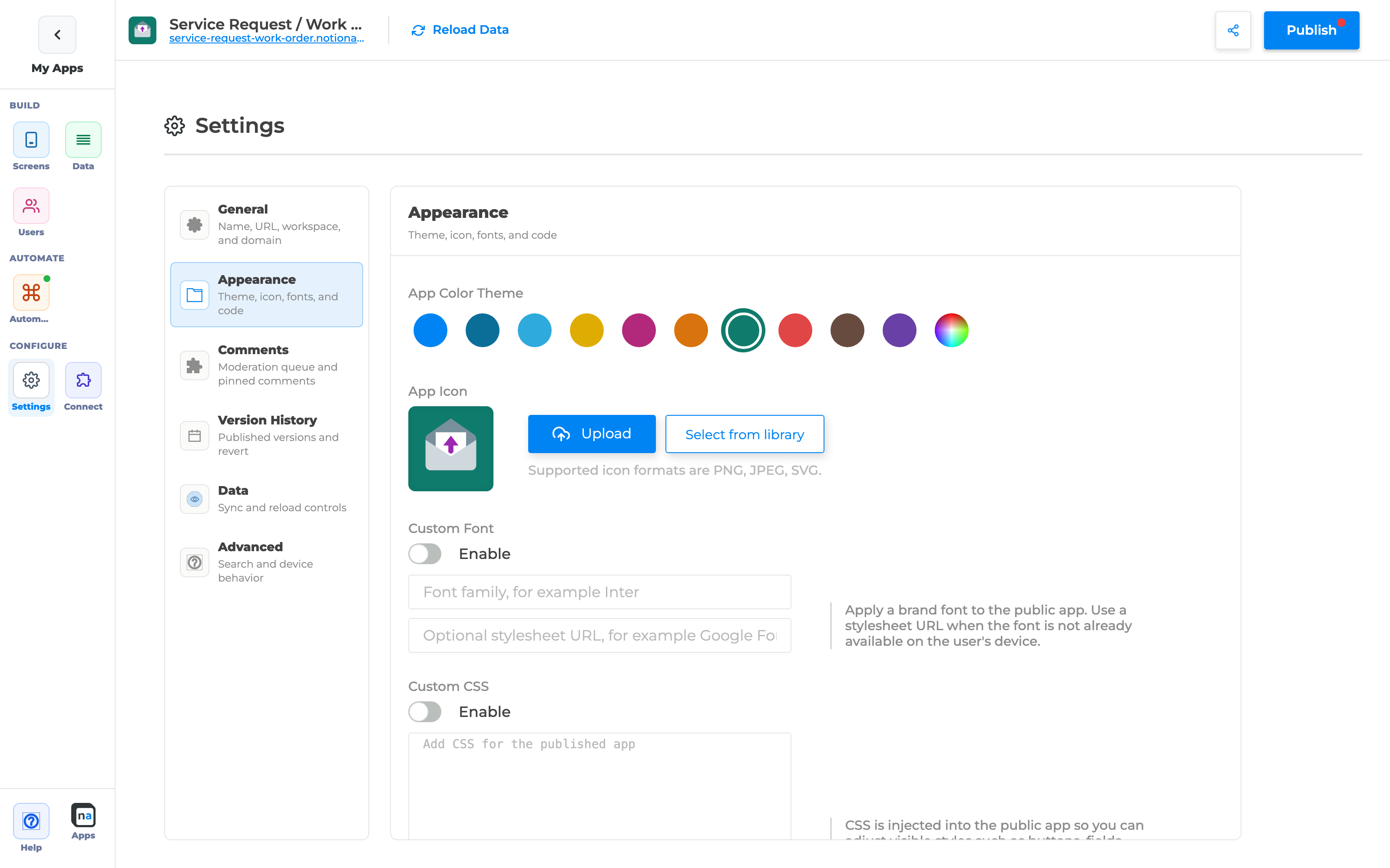 Settings Appearance theme color and app icon