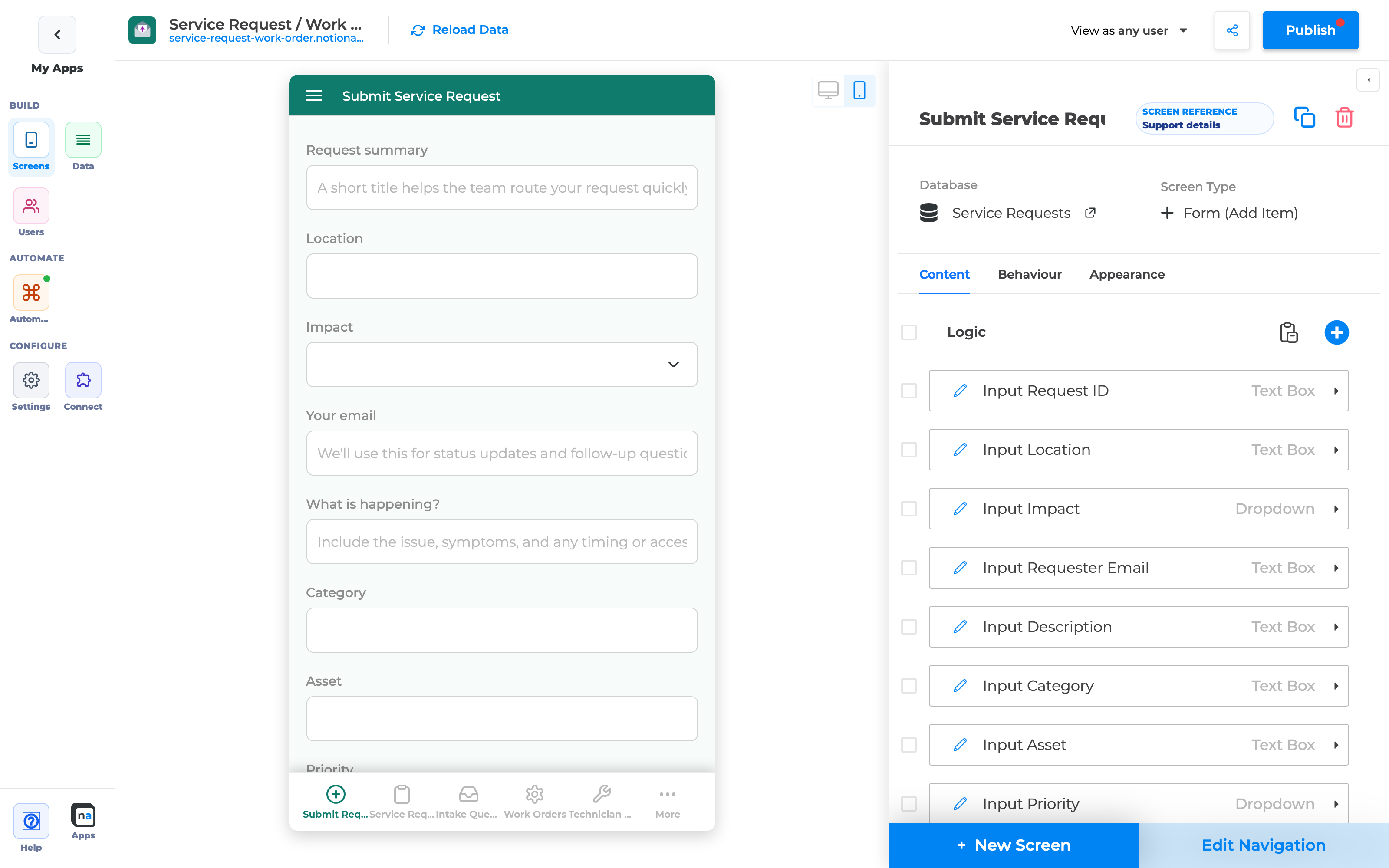 Create Form open in the builder