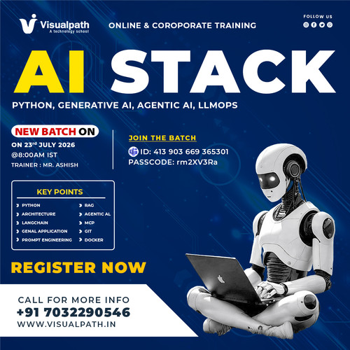 🚀 AI Stack Online Training | New Batch Starts on 23rd July 2026
Ready to build the next generation of AI applications? Join our AI Stack Online Training and gain practical knowledge through live instructor-led sessions.
  📅 Batch Details
 🗓 Start Date: 23rd July 2026 🕗 Time: 8:00 AM IST 👨‍🏫 Trainer: Mr. Ashish
💻 Join the Live Session: https://bit.ly/4b34ZdE
🆔 Meeting ID: 413 903 669 365301 | 🔐 Passcode: rm2XV3Ra
📚 What You'll Learn
 ✅ Python
 ✅ AI Architecture
 ✅ Generative AI
 ✅ Prompt Engineering
 ✅ LangChain
 ✅ RAG (Retrieval-Augmented Generation)
 ✅ Agentic AI
 ✅ MCP (Model Context Protocol)
 ✅ Git & Docker
📞 For Enquiries: +91 7032290546
🌐 Website: https://visualpath.in/aistack-online-training.html
📲 WhatsApp: https://wa.me/c/917032290546