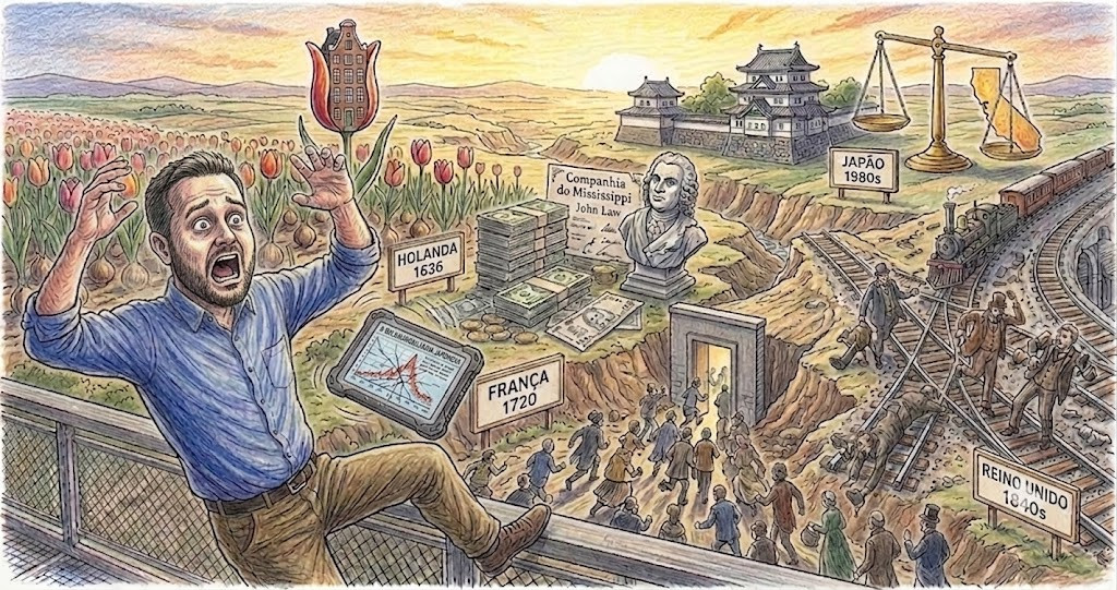 Ilustração das grandes manias da história: tulipas na Holanda de 1636, a Companhia do Mississippi de John Law na França de 1720, as ferrovias do Reino Unido nos anos 1840 e o Japão dos anos 1980, com uma multidão correndo para a saída