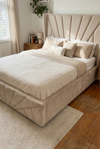King size ottoman bed with Sunrise velvet pleated headboard.png