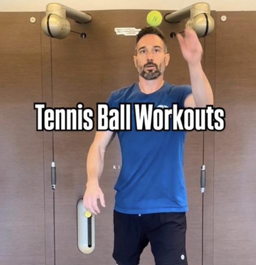 Aaron demonstrating a tennis ball workout drill for coordination and nervous system training