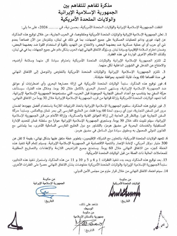 الرئيس الايراني ينشر بنود اتفاق مذكرة التفاهم مع الولايات المتحدة الأمريكية...