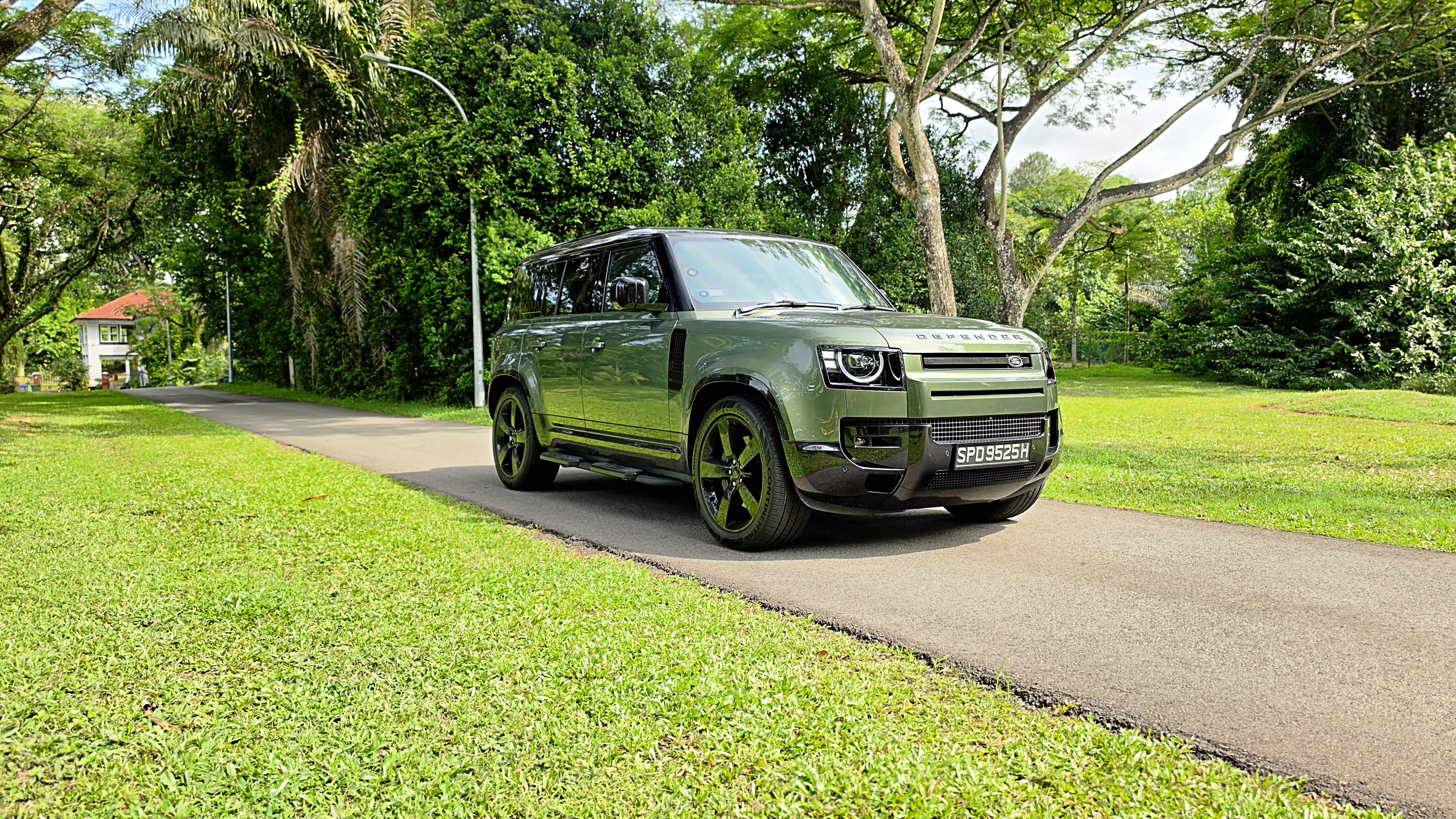 Defender 110 driving on road