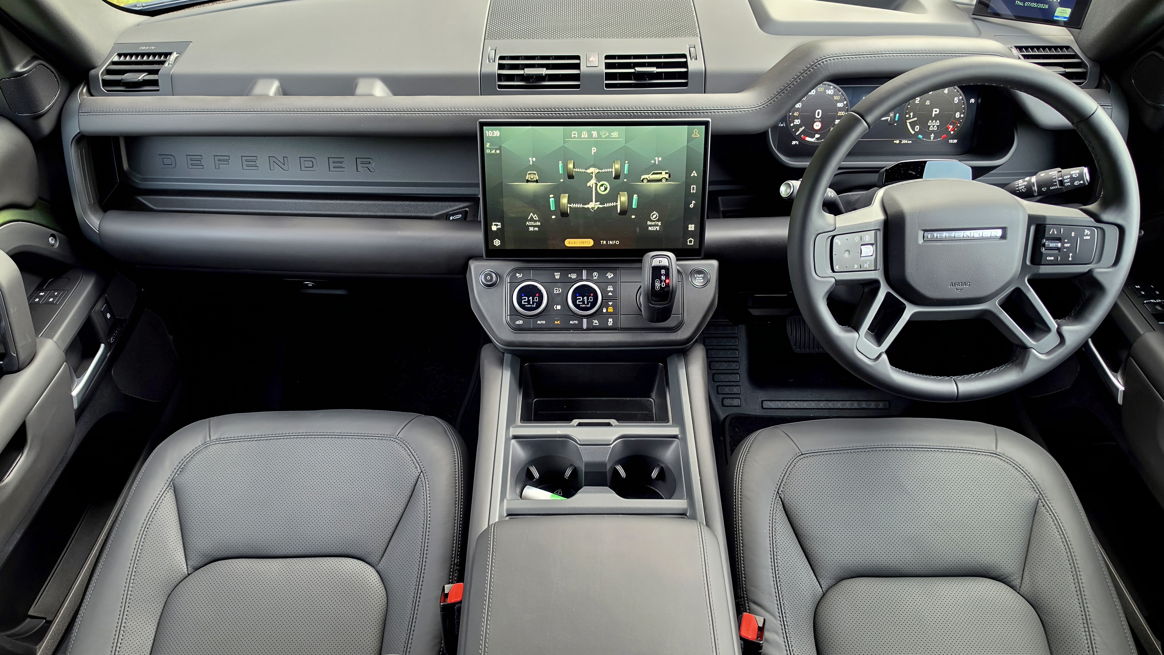 Defender 110 interior dashboard and Pivi Pro screen