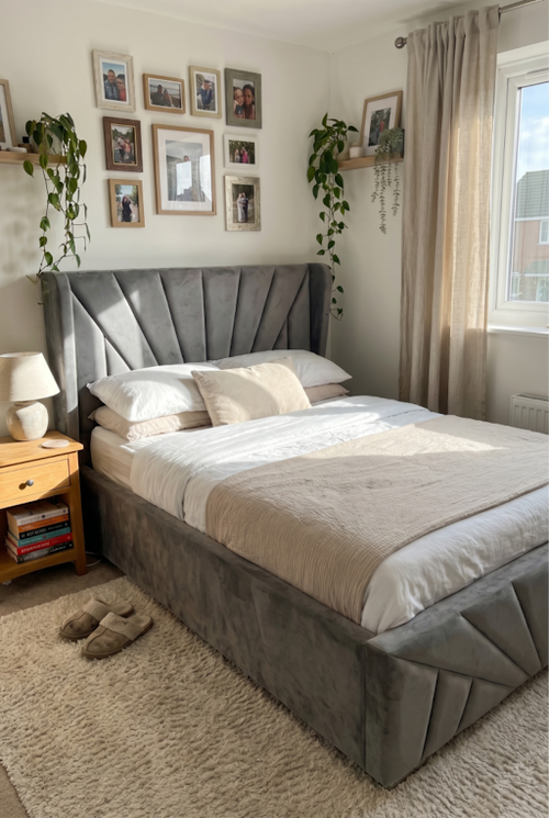 dark grey ottoman double bed with Sunrise wing headboard styling.png