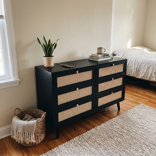 Rattan chest drawer idea for a black bedroom dresser.png