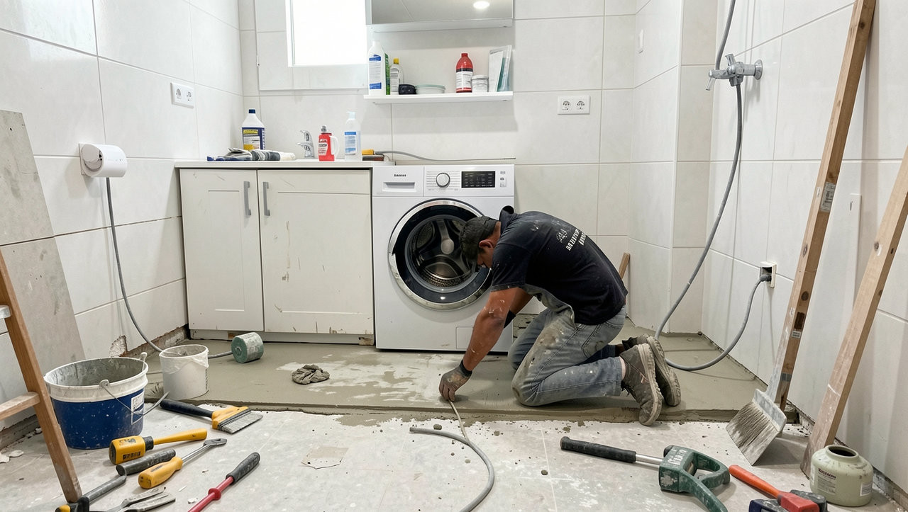 Подготовка ванной комнаты к установке стиральной машины Electrolux: выравнивание пола и стен