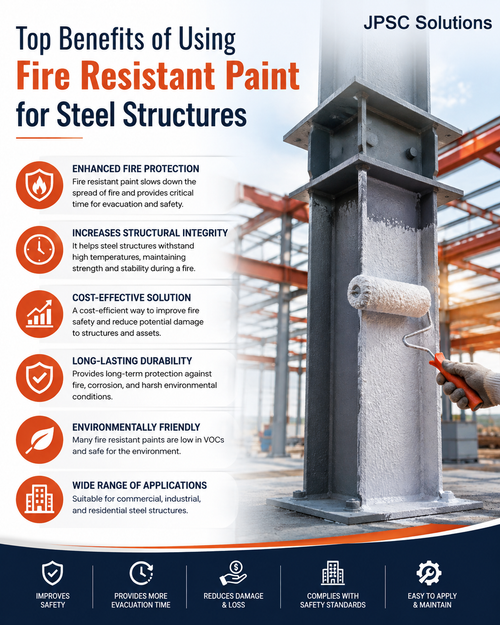Fire resistant paint for steel structures provides an effective way to improve fire safety while protecting critical structural components. It forms a protective layer that helps slow heat transfer and delays the loss of steel strength during fire exposure. This can provide valuable additional time for evacuation and emergency response. Fire resistant coatings can also enhance durability, reduce corrosion risks, and support compliance with applicable fire safety requirements when properly specified and applied. JPSC Solutions offers professional fire protection solutions designed to meet the needs of industrial, commercial, and infrastructure projects. Choosing the right coating can improve safety, structural protection, and long-term performance. http://www.jpscsolutions.com/fire-retardant-proof-coating/