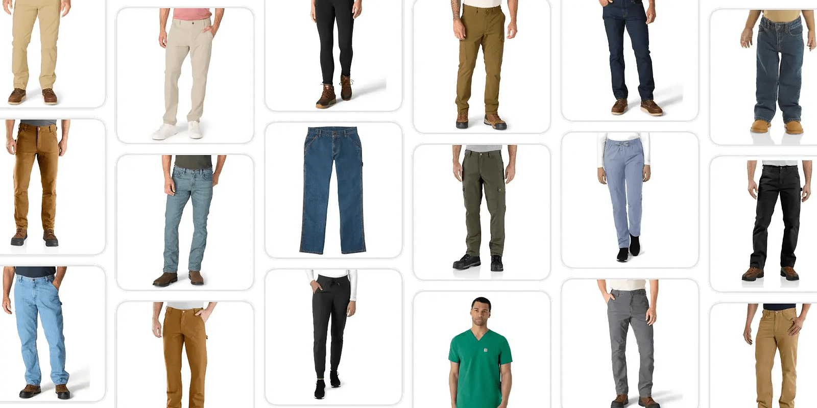 A collage of different types of pants