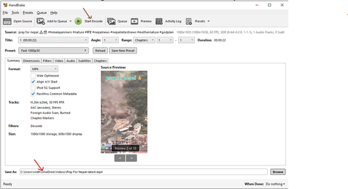 Screenshot of HandBrake after uploading video and saving it in the folder of choice video converter.png