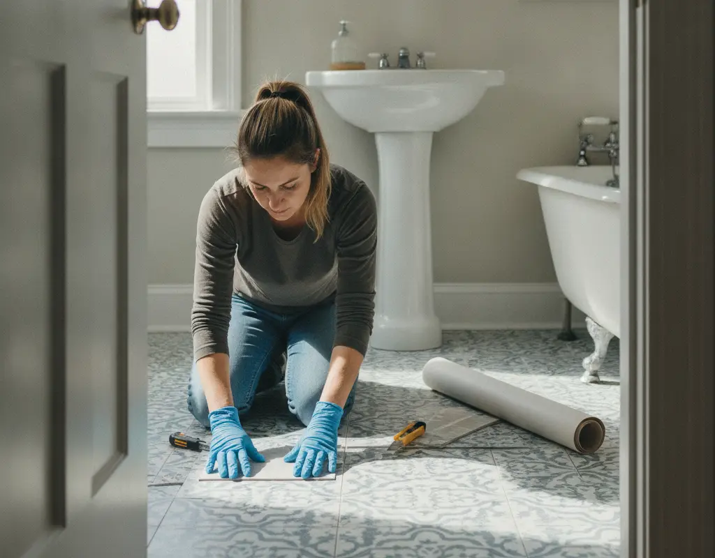DIYer installing peel and stick floor tile in a modern rental bathroom.