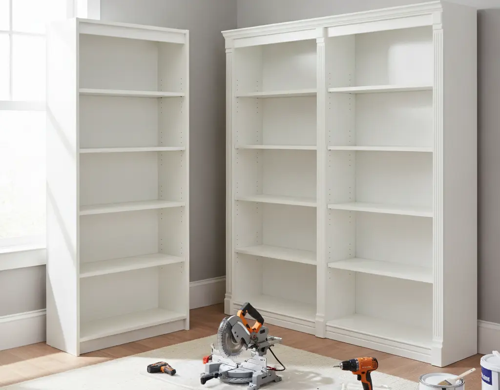 Before and after concept: IKEA Billy bookcase flat-pack next to luxurious built-in shelving
