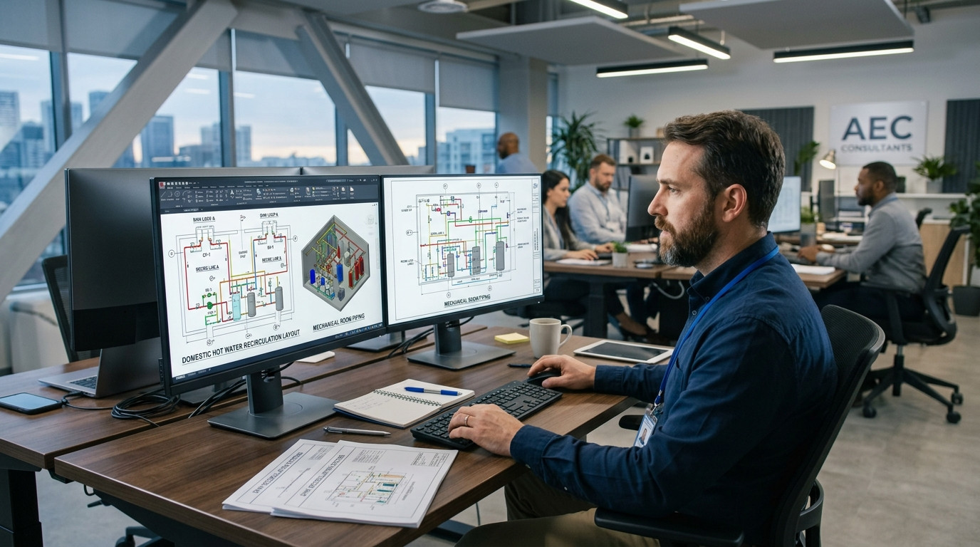 Plumbing design engineer reviewing commercial domestic hot water recirculation layouts and mechanical room piping in AutoCAD at a modern engineering workstation.