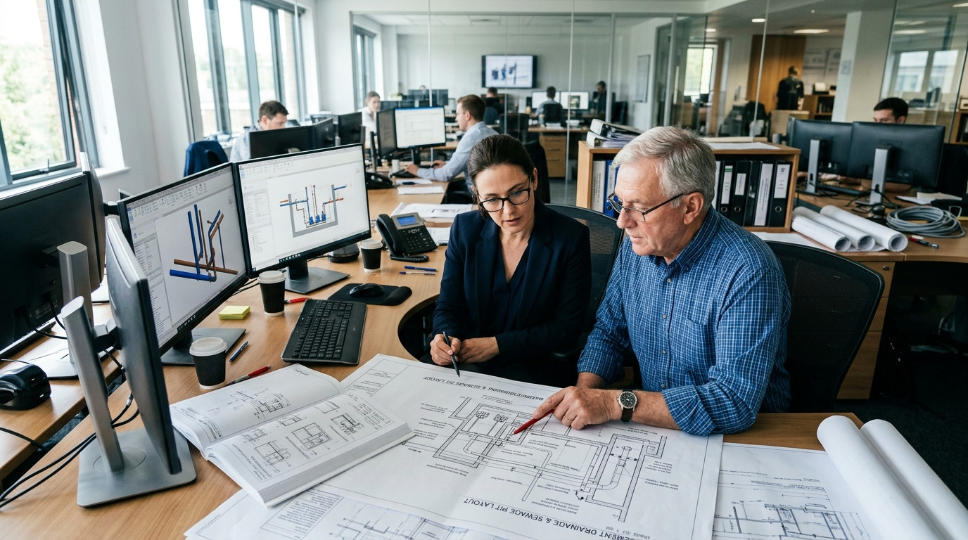 MEP plumbing engineers and CAD designers reviewing basement sump pump and sewage ejector pit DWG layouts in an engineering office