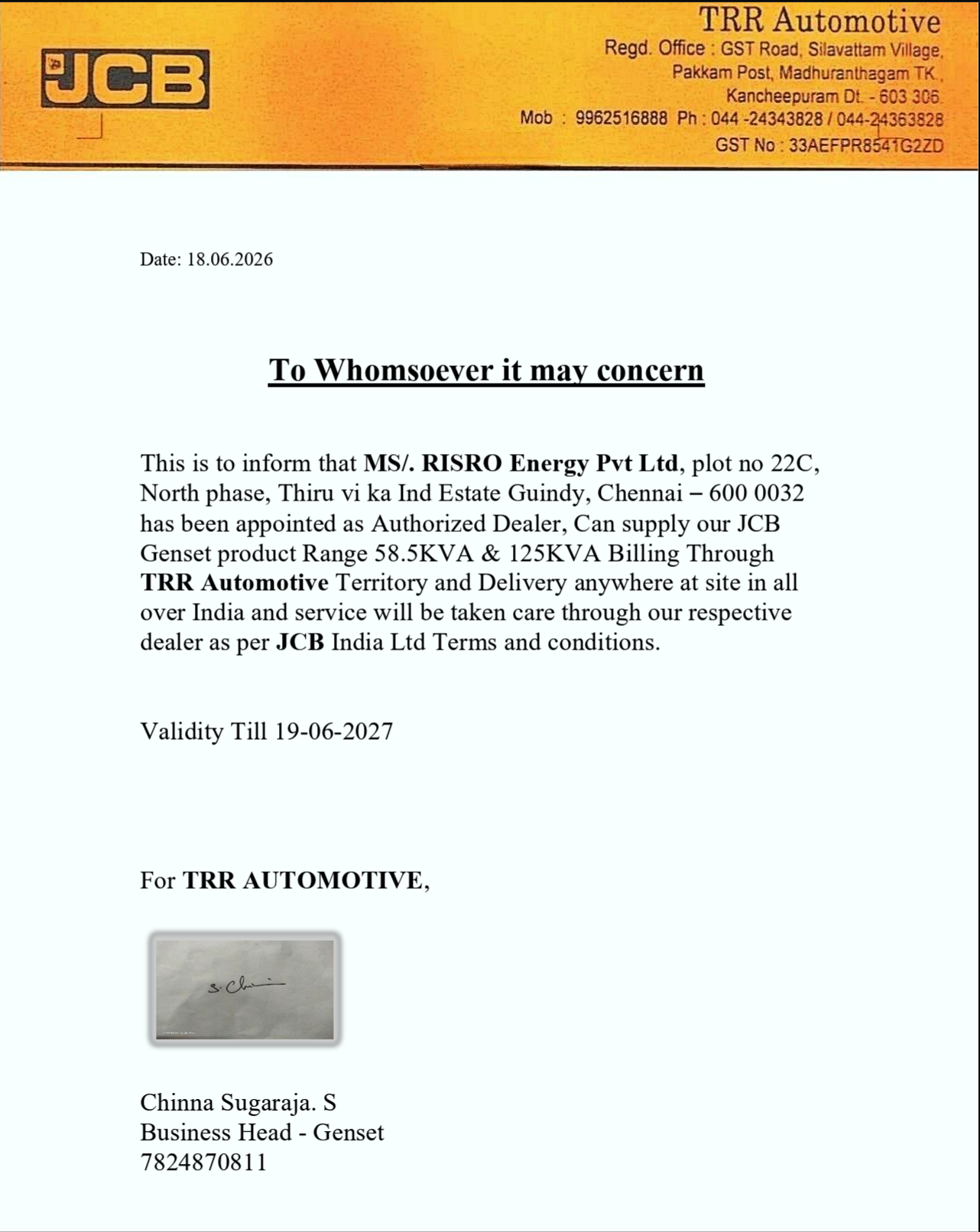Authorized Dealership Certificate