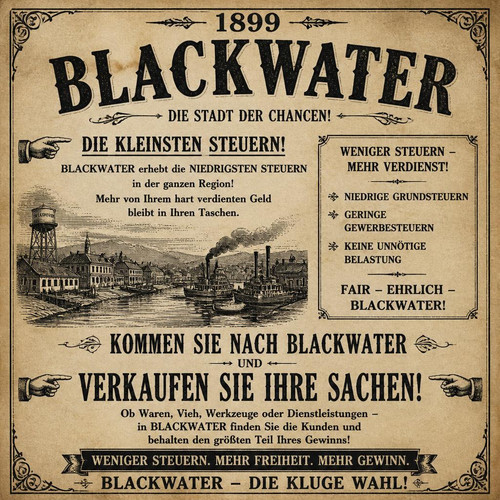 gpt image 2 Mach einen Flyer aus dem Jahr 1899 das BLACKWATER die kleinsten Steuern haben un 0.jpg