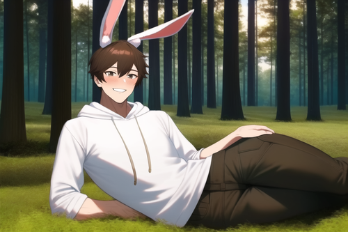 cyberpunk, male, masculine, slim, brown hair, forest, outdoors, soft, cotton tail, hoodie, soft pant.png