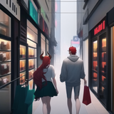 cyberpunk, street, store, male, man and woman, red hair, long hair, wavy hair, short hair, garter, c