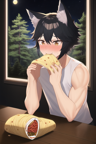 forest, night, window, space, male, black hair, short hair, fit, boxers, wolf ears, embarrassed, eat.png