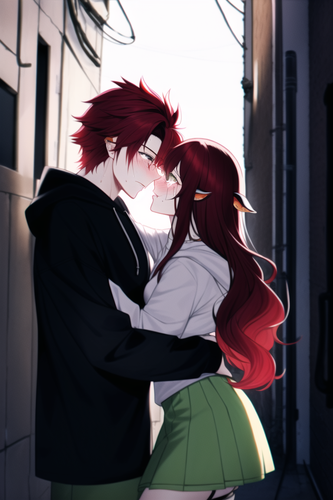 cyberpunk, alleyway, male, man and woman, hug, red hair, long hair, wavy hair, short hair, garter, c.png