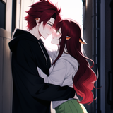 cyberpunk, alleyway, male, man and woman, hug, red hair, long hair, wavy hair, short hair, garter, c