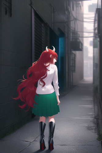 cyberpunk, alleyway, woman, from behind, red hair, long hair, wavy hair, dark green skirt, white top.png