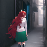 cyberpunk, alleyway, woman, from behind, red hair, long hair, wavy hair, dark green skirt, white top