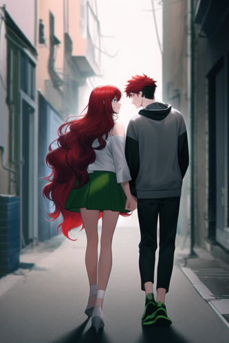 cyberpunk, alleyway, male, man and woman, hug, red hair, long hair, wavy hair, short hair, garter, c.png