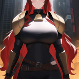 cyberpunk, readhead, red hair, long hair, wavy hair, large breasts, round breasts, fake breasts, cow