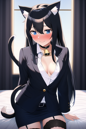 cyberpunk, morning, bedroom, cat girl, cat ears, black hair, long hair, tail, business suit, skirt, .png