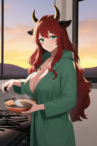 cyberpunk, morning, window, countryside, sunrise, cowgirl, standing, dark green, dressing gown, cook.png