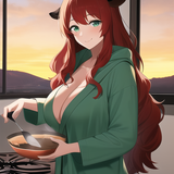 cyberpunk, morning, window, countryside, sunrise, cowgirl, standing, dark green, dressing gown, cook