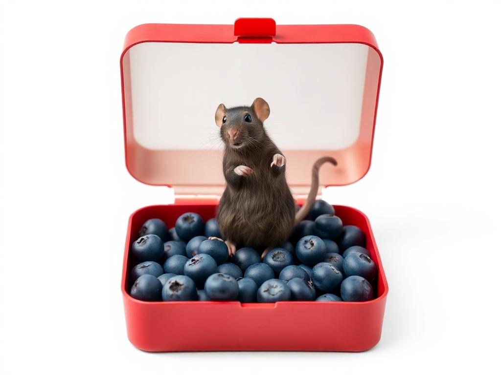 A red box of blue berries with a rat dancing inside