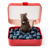www.naked-ai.art - A red box of blue berries with a rat dancing inside
