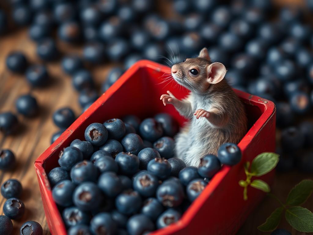 A red box of blue berries with a rat dancing inside