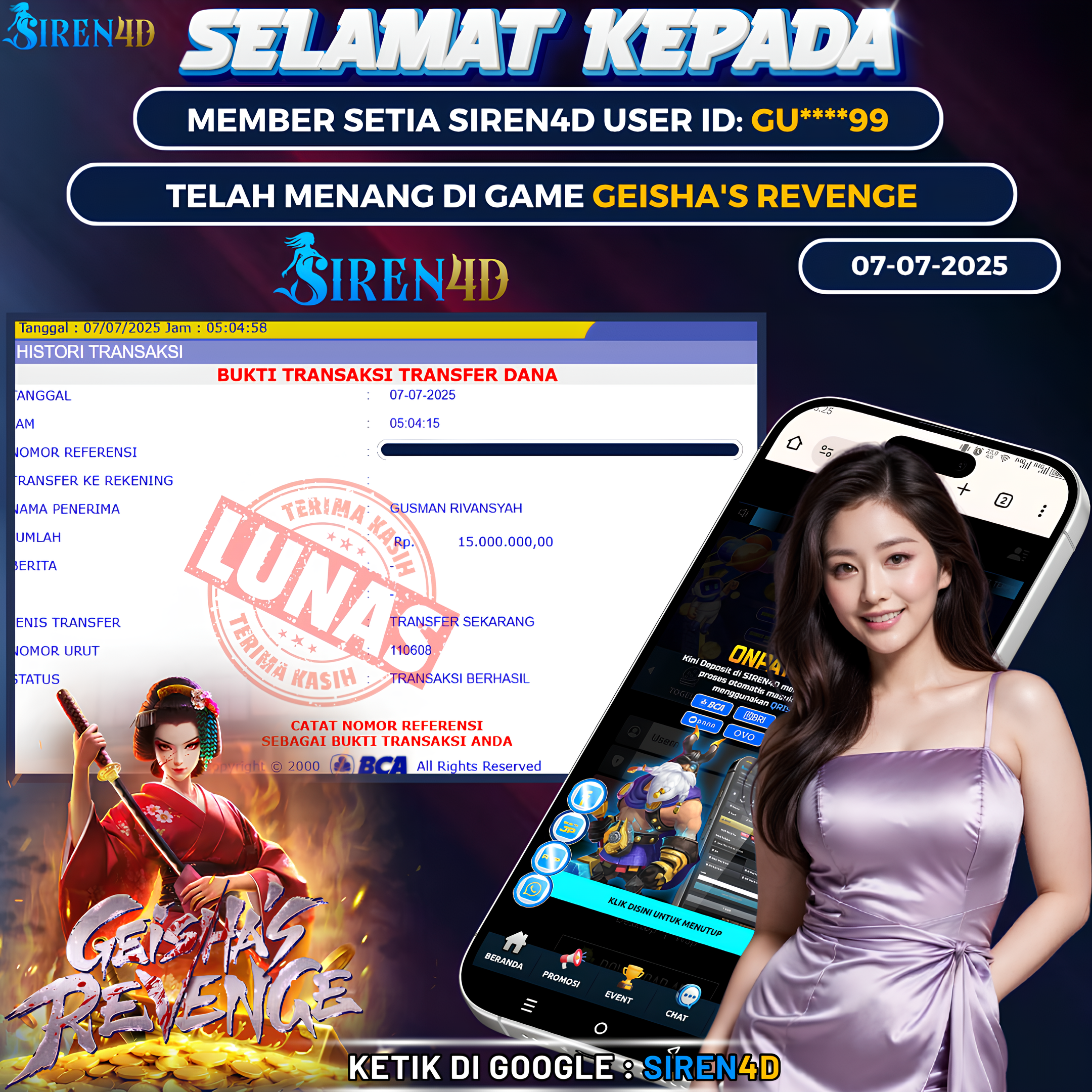 SIREN4D  - JACKPOT DI GAME SLOT GEISHA'S REVENGE RP 15JT DIBAYAR LUNAS