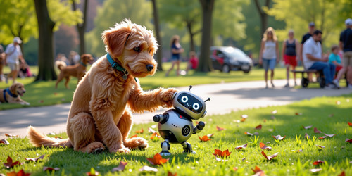 Slim Belly Bob a sleek athletic labradoodle with a toned slim physique now sitting down in a playful.jpg