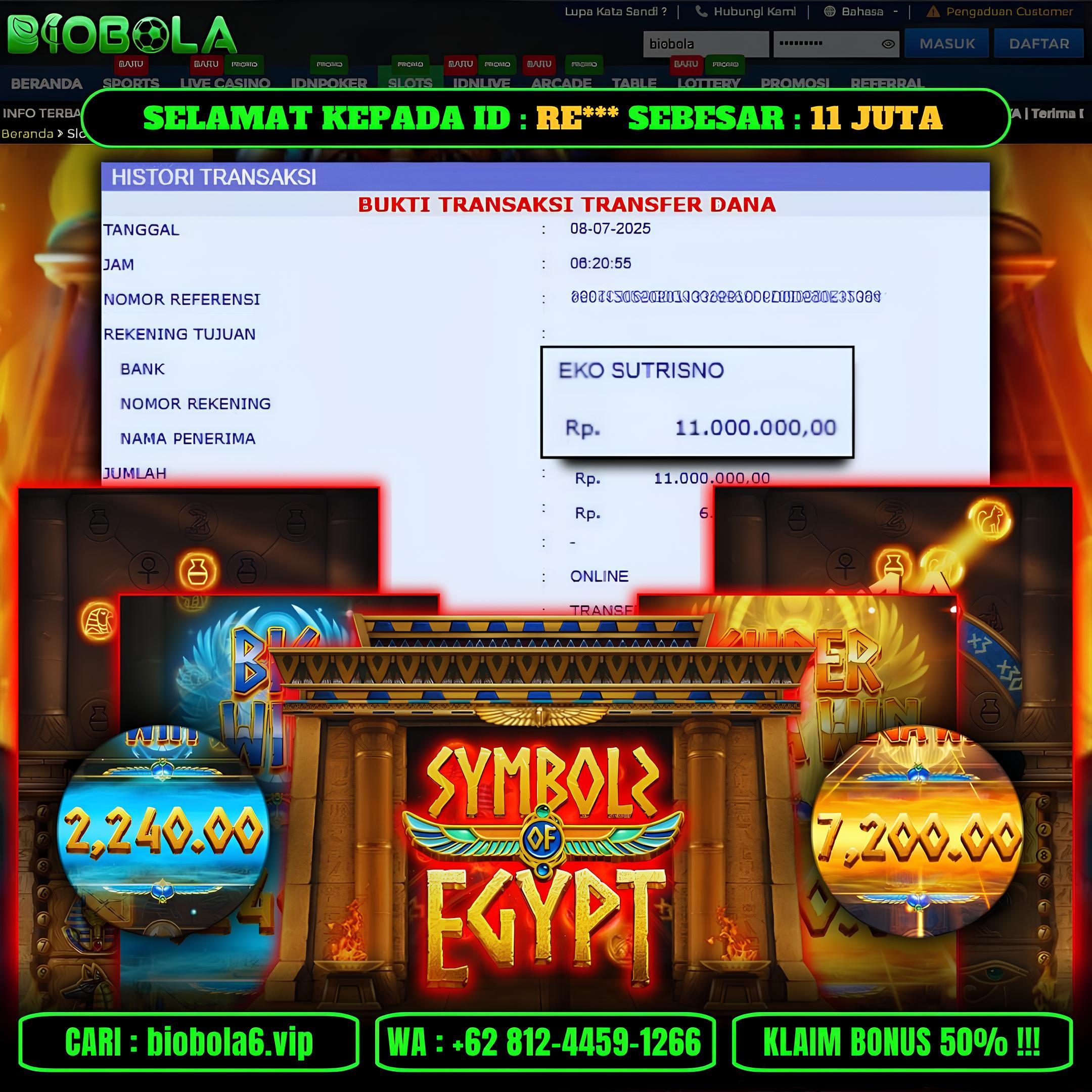 BIOBOLA  - JACKPOT DI GAME SLOT SYMBOLS OF EGYPT RP 11JT DIBAYAR LUNAS