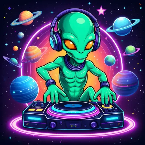 futuristic alien dj spinning space neon sci fi music artwork planets headphones vibrant futuristic s.webp