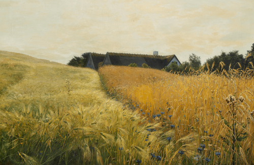 Georg Achen Summer Landscape with a Thatched Farm surrounded by Golden Cornfields (1888) t3 1lmq0bz.png