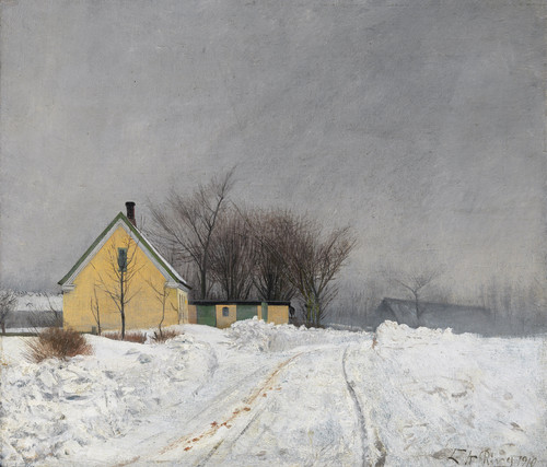 Laurits Andersen Ring Foggy Winter Day. To the Left a Yellow House. Deep Snow (1854 1933) [6069 x 51.jpg